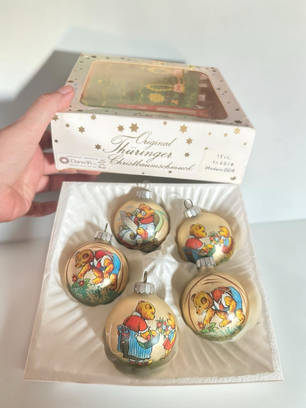 Vintage GDR Thüringer Glass Christmas Ornaments Teddy Bears Set of 5 Boxed